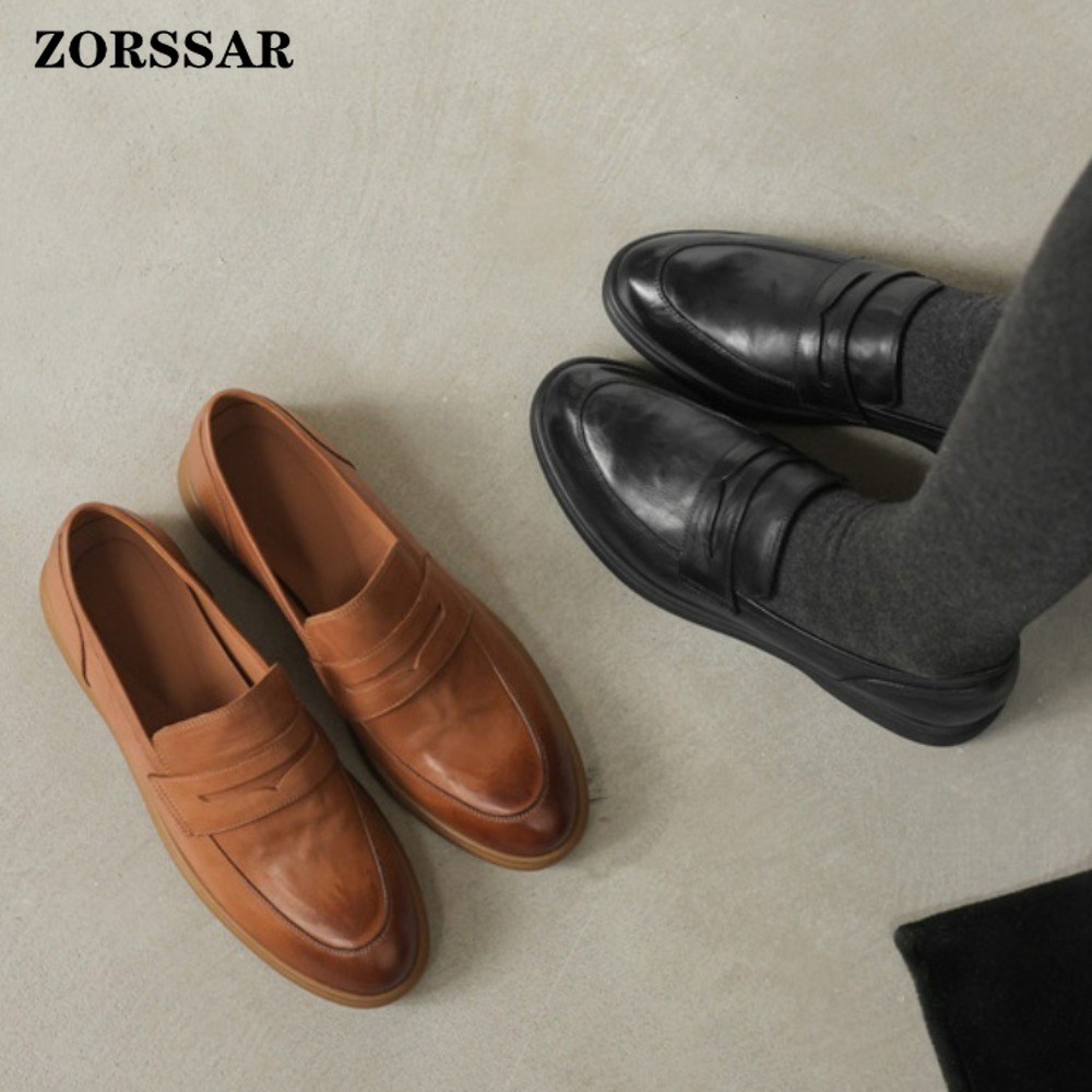 Leather Work Flats Women - Sepatu Loafer Retro Wanita Hak Datar