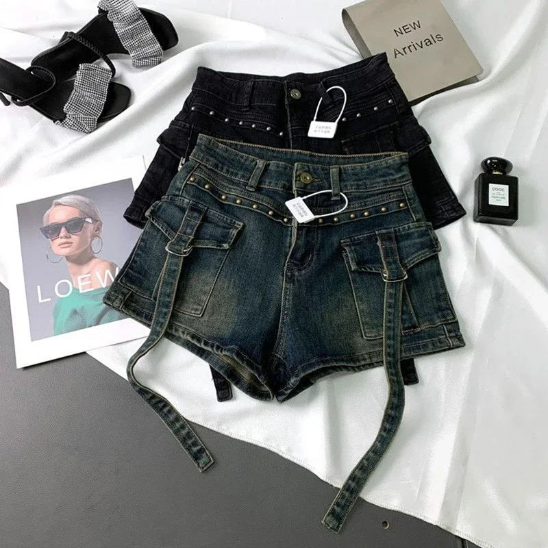 Leather Work Jeans - Y2K 2000S Celana Pendek Denim Kargo