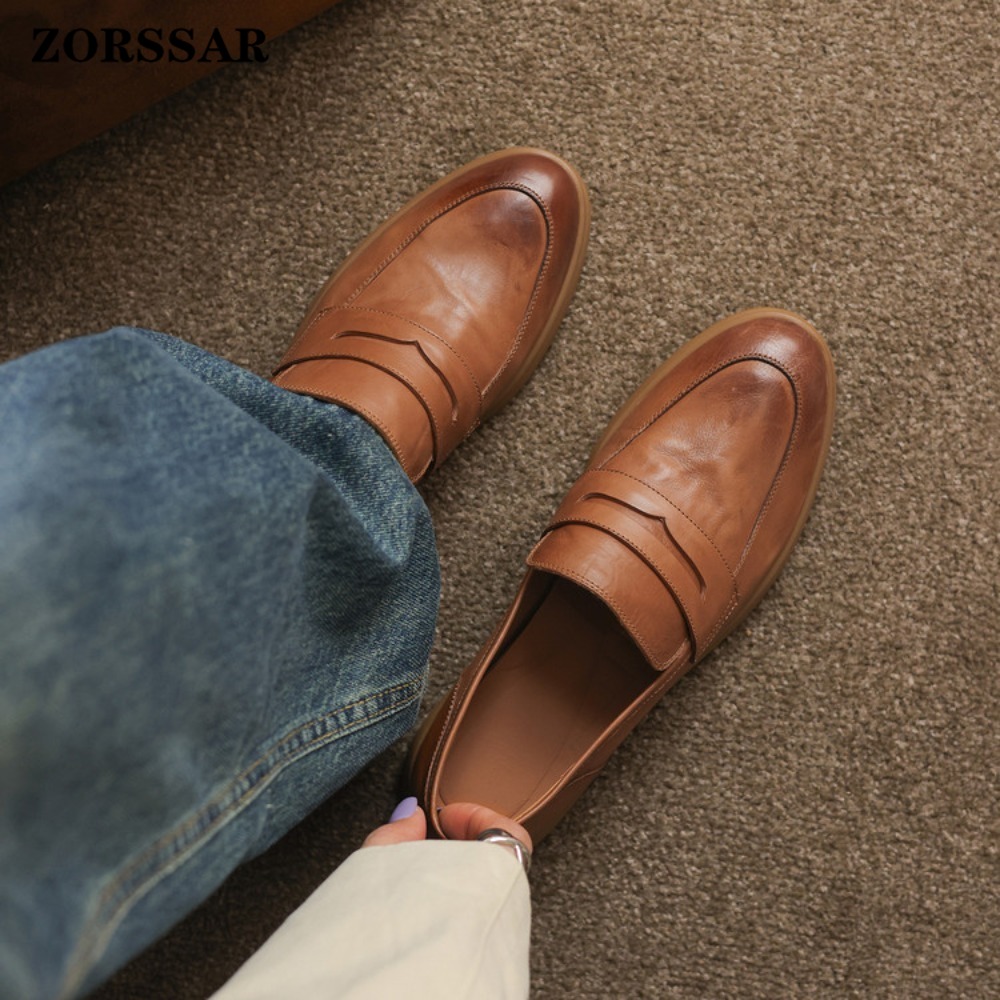 Sepatu Loafer Retro Wanita Hak - Leather Work Flats Women ulasan dan harga